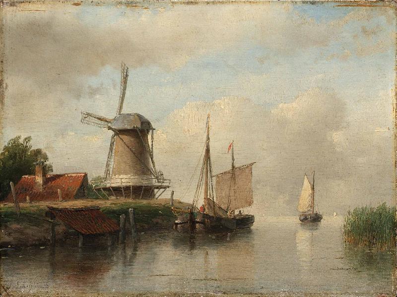 Andreas Schelfhout Dutch boats moored on a river beside a windmill France oil painting art